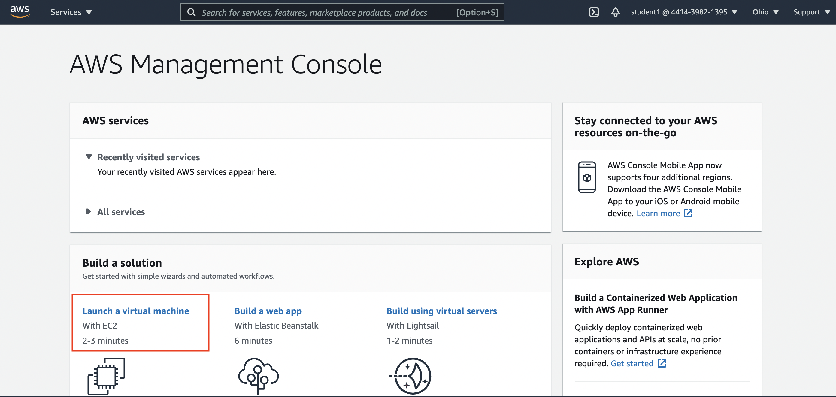 Start page for the AWS console