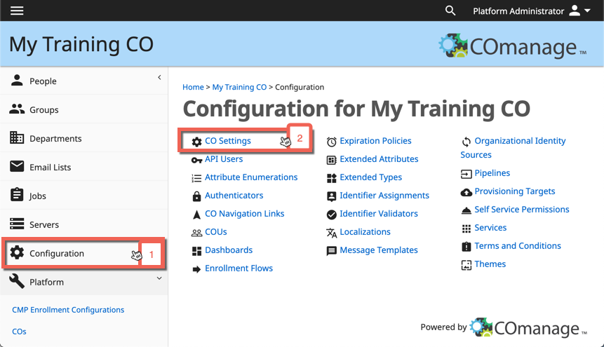 Screen shot - Navigate to COSettings Configuration