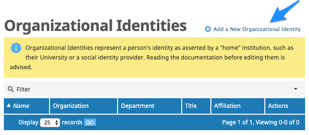 Screen shot - click Add a New Organizational Identity