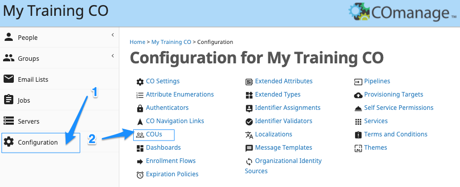 Screen shot - Navigate to COU configuration' highlighted