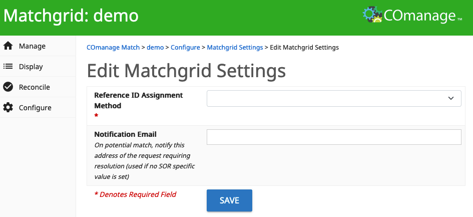 Screenshot of the form to configure Matchgrid settings.