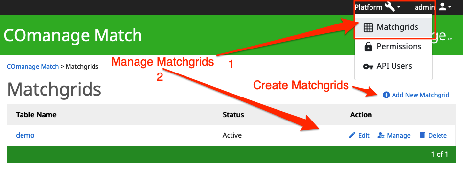 Screenshot of the Matchgrid list page.