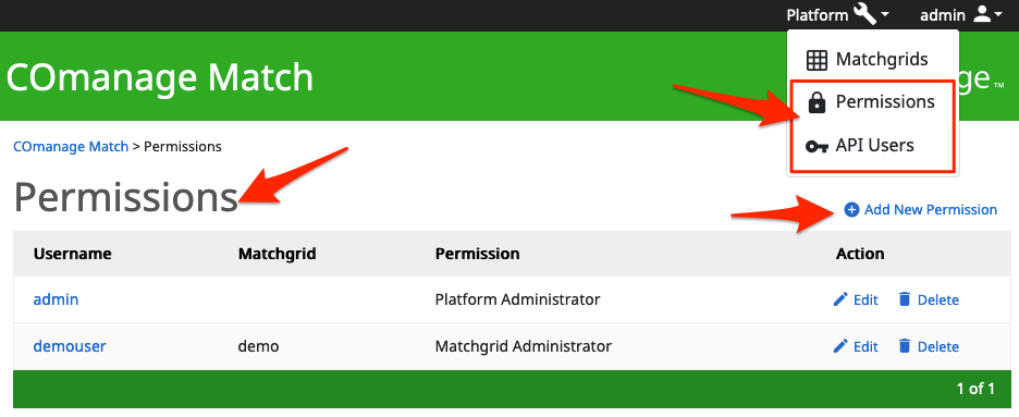 Screenshot of the list of configured user permissions.
