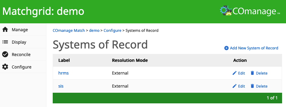 Screenshot of the Systems of Record list.