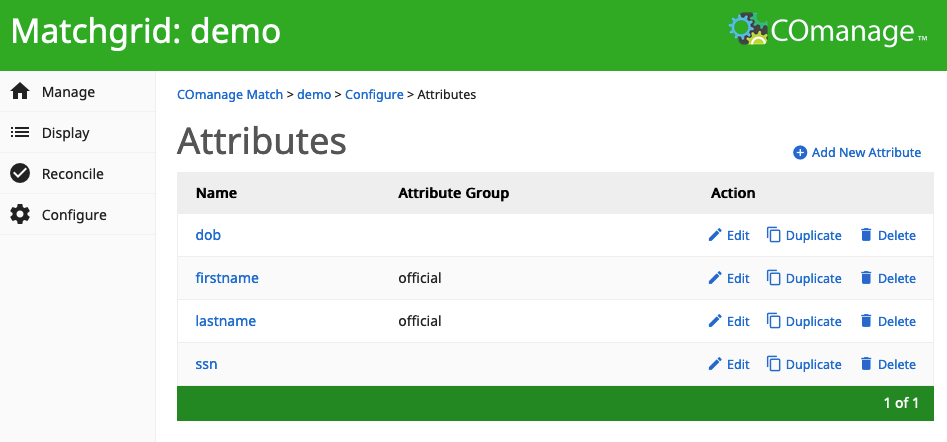 Screenshot of a list of configured attributes for a Matchgrid.