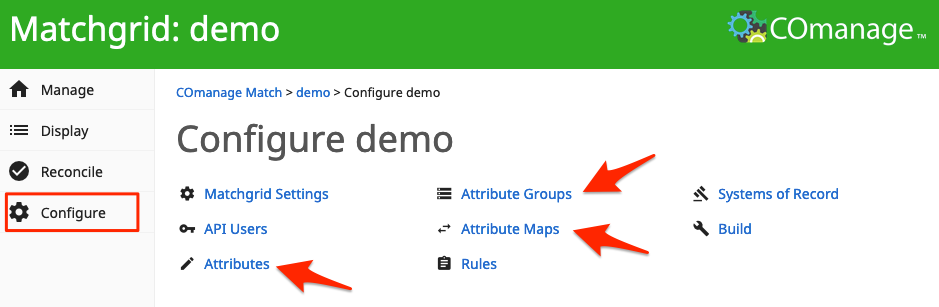 Screenshot of the Matchgrid configuration screen in Match with the three configuration items related to attributes - Attributes, Attribute Groups, and Attribute Maps.