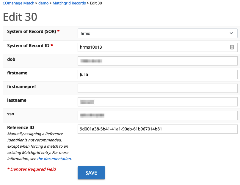 Screenshot of the form to edit the values in a Matchgrid Record.