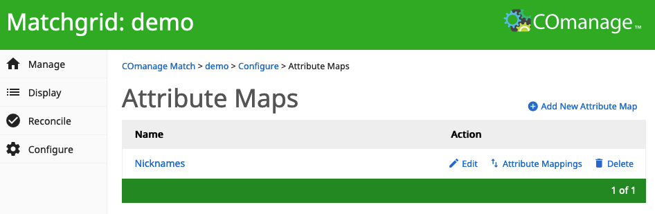 Screenshot of a list of available Attribute Maps for a Matchgrid.