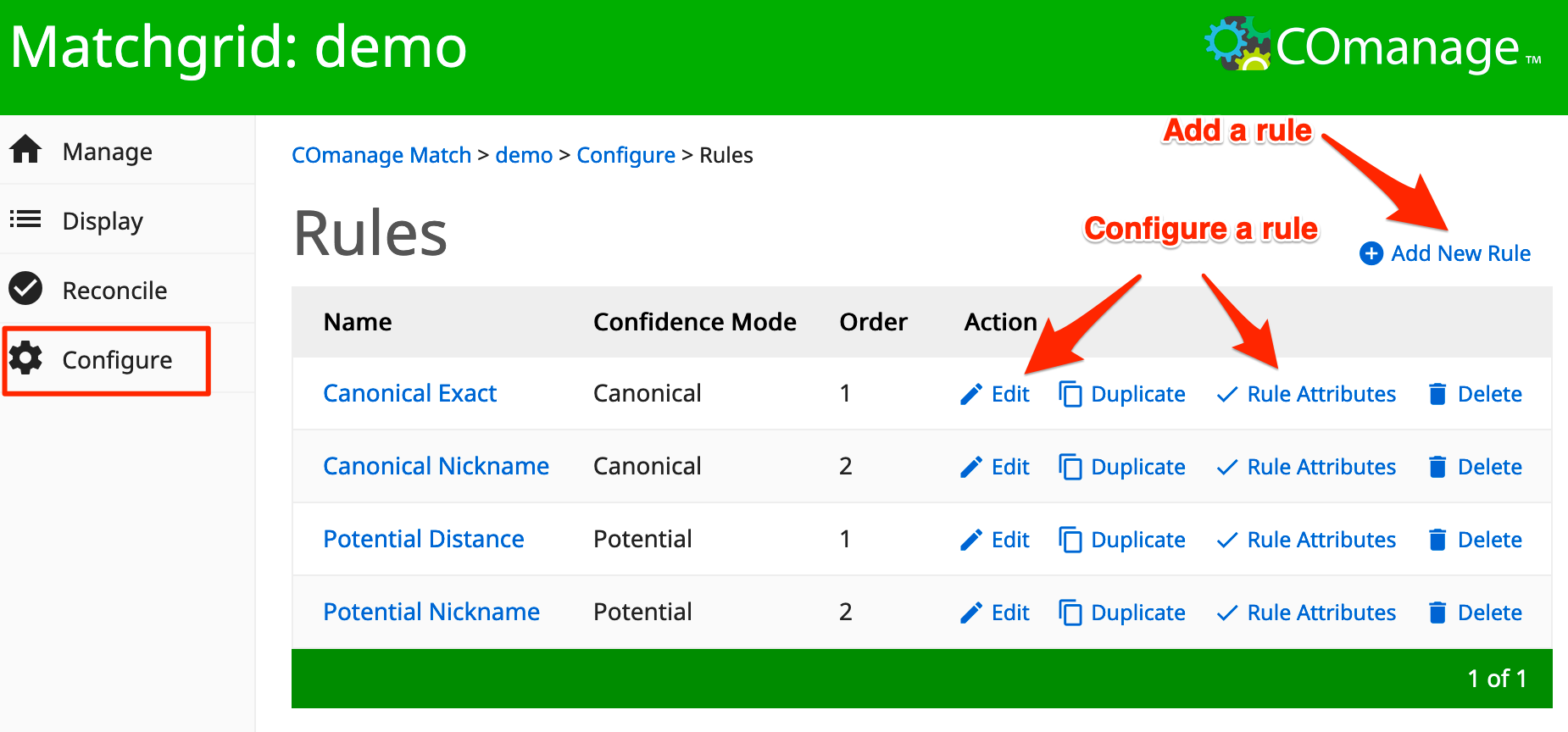 Screenshot of the Match Rules list.