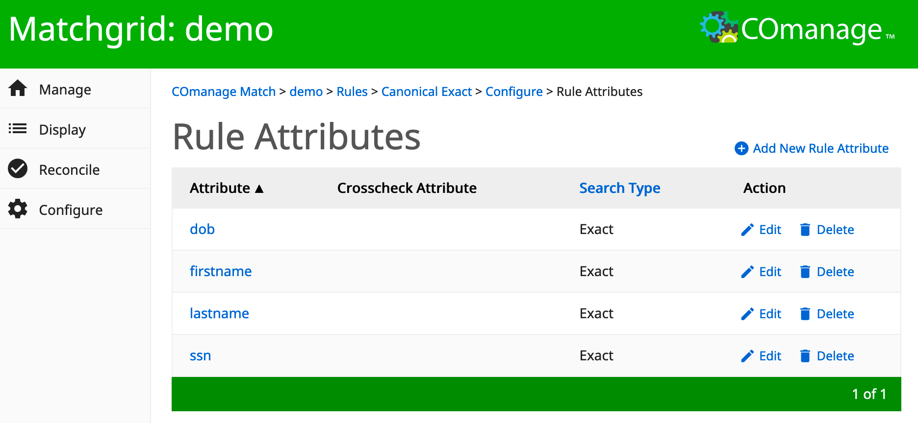 Screenshot of the list of attributes defined for the rule and the way each is handled for this rule.