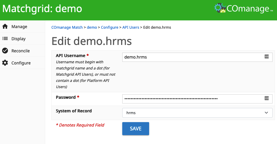 Screenshot of the list of API Users for Match. The list includes both general api users for the entire Matchgrid, and users for specific Sources of Record.